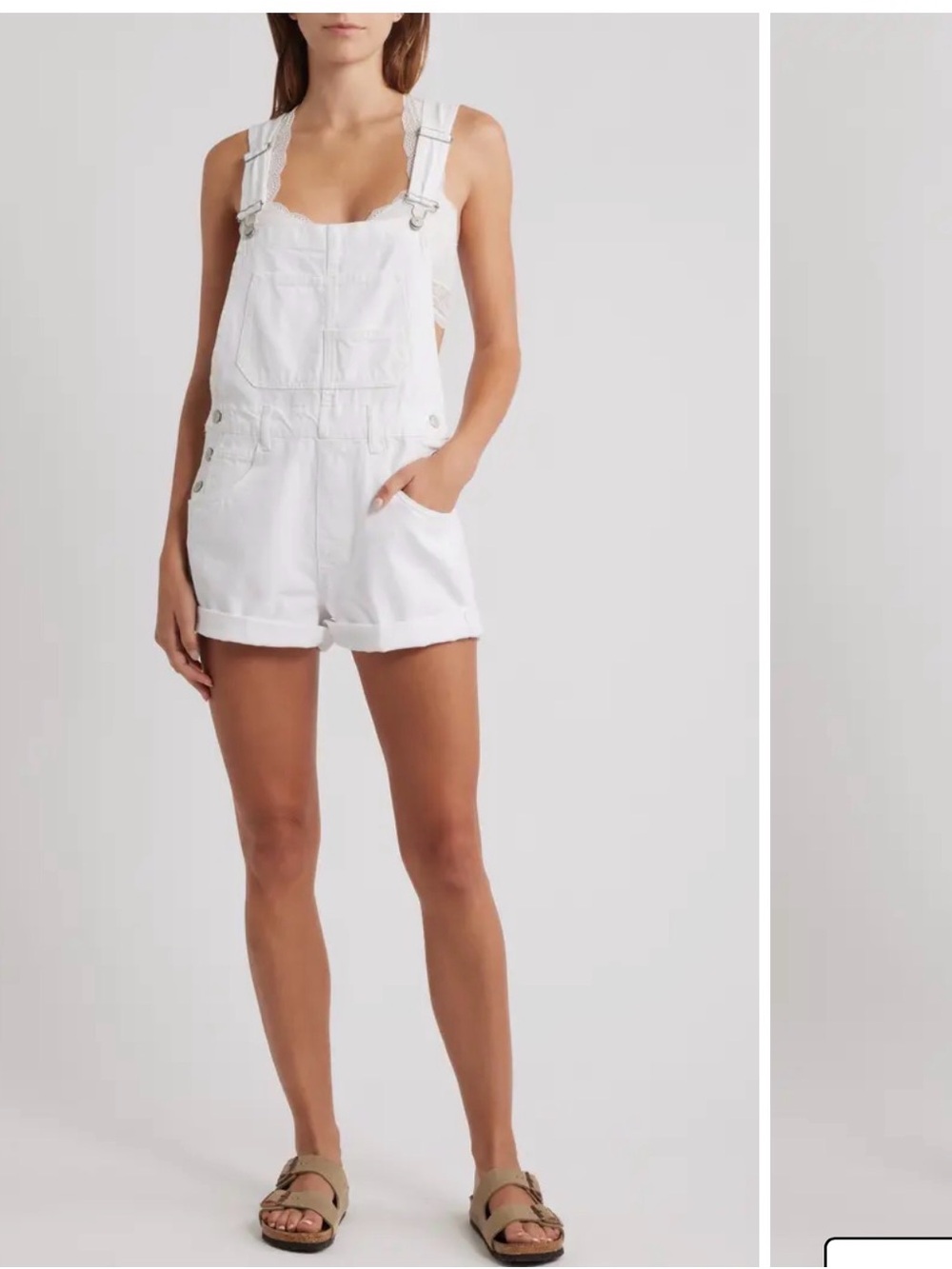We The Free (Free People) White Denim Overalls with Branded Metal Buttons